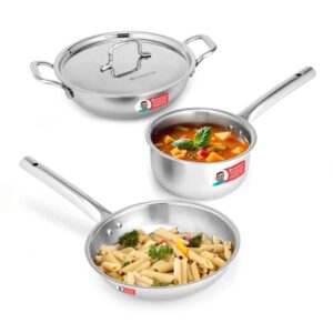 Wonderchef Venice Triply Stainless Steel 4 Pc. Cookware Set |Fry Pan 22cm, Kadhai with Lid 24cm, Saucepan 16cm |Non-Toxic |Uniform Heating |Heavy-Duty Handle |Easy Cleaning |10-Year Warranty Visit the Wonderchef Store